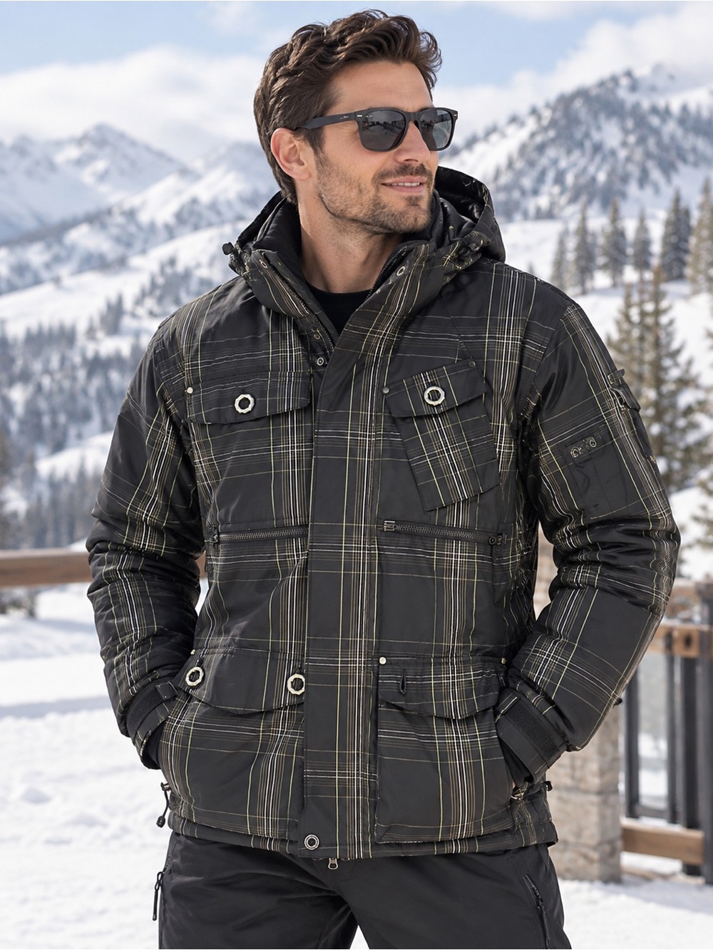 Men's Black Plaid Hooded Winter Jacket